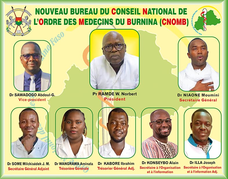 Les Membres du Nouveau Bureau du Conseil National de l'Ordre des Médecins du Burkina Faso. Ils sont élus pour un Mandat de quatre (4) ans!